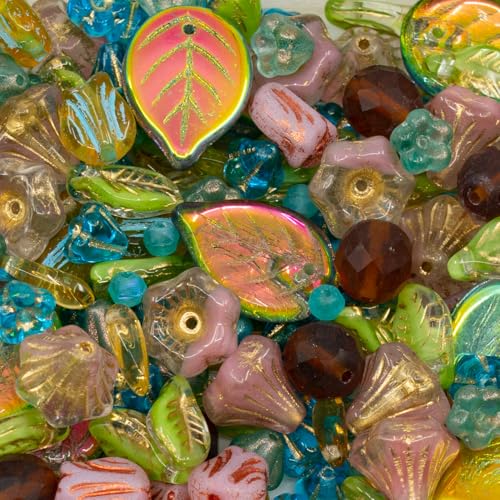 1.4oz (40g) Limited Mix of Czech Glass Beads, Hand Made Set Kit, Apple Leaf Beads Bell Flower Blue Beads and Pink Tulip Beads - color: LMIX pink blue beige