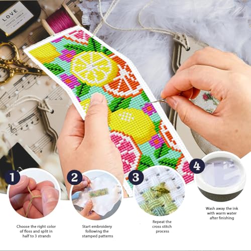 INFUNLY 6Pcs Lemon Cross Stitch Bookmark Kit 3x8.5 Inch/7.6x21.6cm Stamped Embroidery Starter Set with 20 Color Floss Cotton Linen DIY Needlepoint Bookmark for Book Lovers Gift, Colorful - style: Lemon