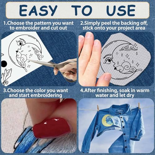 CRASPIRE 5 Sheets Tarot Card Water Soluble Embroidery Stabilizers Hand Sewing Stick and Stitch Moon Magic Transfers Paper Wash Away Pre-Printed Self Adhesive Patterns for Cloth Sewing Lovers Beginner - style: Tarot Cards-03