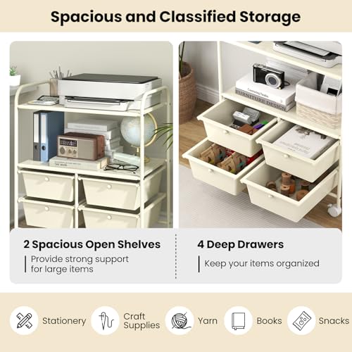 Giantex Rolling Storage Cart w/ 4 Drawers 2 Shelves Metal Rack Shelf Home Office School Beauty Salon Utility Organizer Cart with Wheels, Ivory - color: Ivory, size: 4 Drawer-25"x14.5"x29.5"