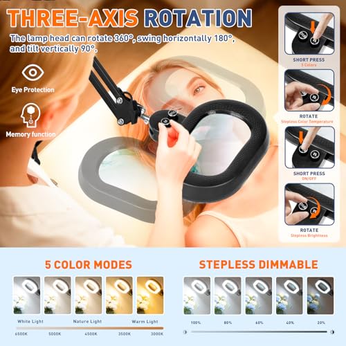 KIRKAS Magnifying Glass with Light 3-axis Rotation, 35in Long Arm 12X - size: 35in