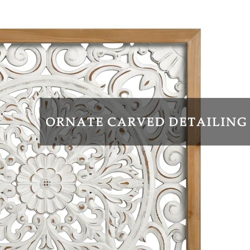 XIAOAIKA Boho Carved Wood Wall Art Panel, Floral Mandala, Distressed White - color: White - 4