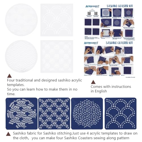 4 Set Sashiko Embroidery Coasters Kit Wave Theme Japanese Traditional Embroidery Sewing Kit for Beginners Starter Embroidery Coasters for Housewarming Gift with Instructions - style: Wave Sashiko Coaster