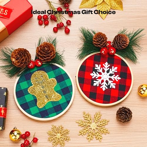 Caydo 111 Pieces Christmas Ornament Making Kit Including 3 Inch Embroidery Hoops, 5 Inch Squares Plaid Fabric and Pink Mini Heat Press for DIY Christmas Decoration - style: 111PCS