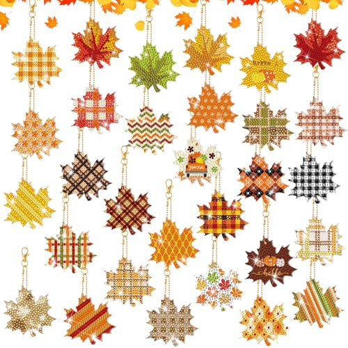 WILLBOND 30 Pcs Fall Thanksgiving Diamond Art Keychains for Adults, Maple - color: Maple Leaf