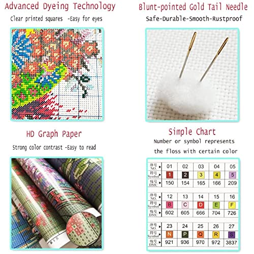 Foxdiviy Stamped Cross Stitch Kits Full Range of Embroidery Needlework Starter Kits for Beginners Adults 11CT Embroidery Patterns Art Crafts DIY Needlepoint Kits-Colorful Parrot 18x18 inch - color: Stamped Set 26