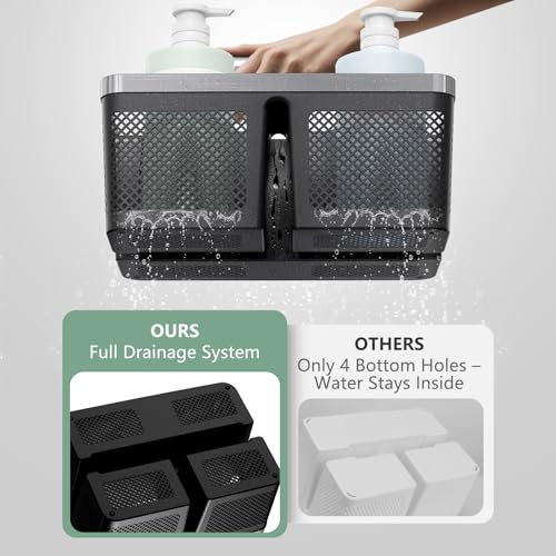 BYUNER Black Shower Caddy Portable: Plastic Bathroom Caddy Organizer with Handle and Holes, Cleaning Caddy, Hard Shower Basket Storage Tote for Toiletry, College Dorm Room Essentials for Men - color: Black/Silver