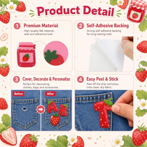 Cinrobiye 38 Pcs Strawberry Patches Self Adhesive Cute Sweet Strawberry A to Z Alphabet Applique Preppy Cute Chenille Letter Patches Stick on for Clothing Hats Bags Fabric DIY Crafts - style: Strawberry
