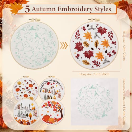 Kuabiz 5 Sets Embroidery Kits for Beginners Cross Stitch Kit for Adults Highland Cow Pattern Embroidery Starter Kit Embroiderys Hoop Needlepoint Kits with Instruction Needles Threads (Fall Leaves) - style: Fall Leaves
