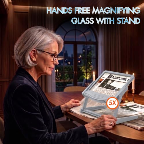 MAGNIPROS 5X LED Page Magnifying Glass, Detachable Stand, 3 Color Modes - color: Gray