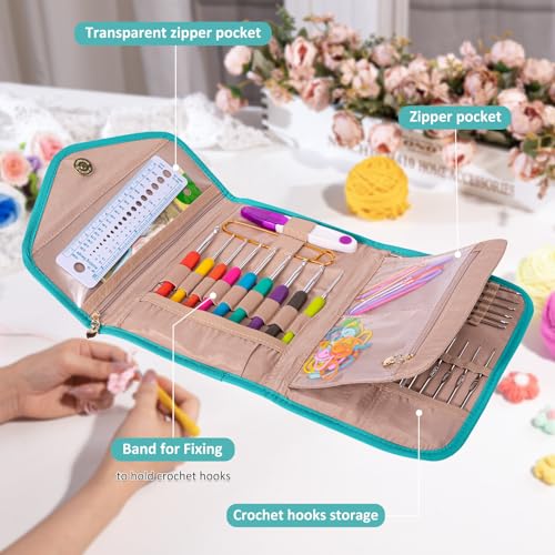 MYBAGZING Crochet Hook Holder Case, Foldable Organizer for Crochet Supplies - color: Teal, size: 7 Inches