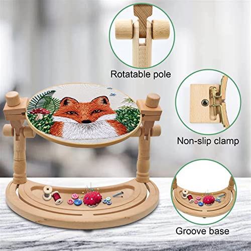 Adjustable Embroidery Hoop Stand – Rotatable Wooden Cross Stitch, Needlepoint & Punch Needle Holder for DIY Sewing