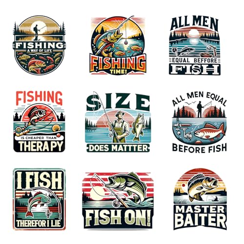 9pcs Fishing Life Iron On Decals Thermal Transfer Stickers for Clothing Appliqued Sublimation Patches Iron On Transfer Designs Heat Press Vinyl for Shirts Pillow Covers - style: 9PCS-K01(Small)