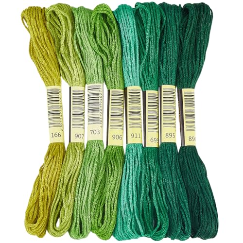 1 Box 65.6 Yards 8 Skeins 6 Strand Green Cotton Friendship Bracelet String Variegated Yarn Embroidery Assorted Bulk Thread Gradient Cross Stitch Floss Set for Sewing Making Crochet Knitting - color: Green Cotton Thread, size: 65.6 Yards