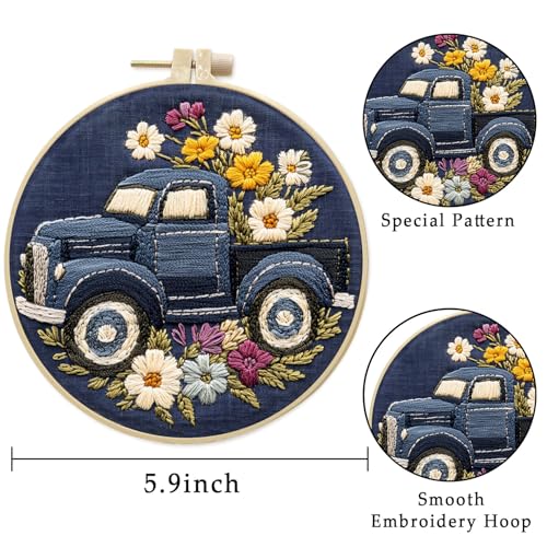 LB 4-Pack Colorful Truck Flower Embroidery Kit for Beginners: Cross Stitch Kit with Green Floral | Adults DIY Starter Kit Includes Embroidery Hoop, Colorful Threads, Tools and Instructions - color: Blue Red