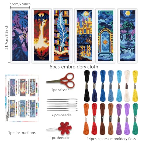 BEUNITONE 6 PCS Cross Stitch Bookmark Kit for Adults Beginners,Fairy Tale Scene Pre-Printed Cross Stitch,DIY Stamped Embroidery Bookmark Kits,with Instructions,Craft Kit for Book Lovers 8.5''x3'' - style: Fairy Tale Scene