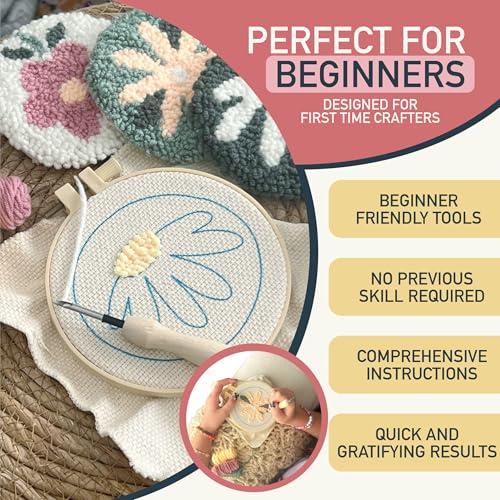 Emri Lane Punch Needle Kit – 6 Floral Design Punch Needle Embroidery Kit - color: Pink