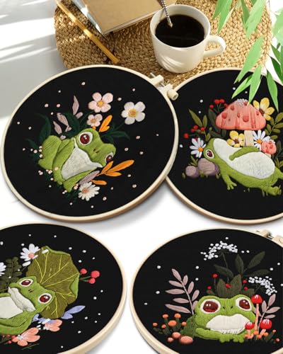 TINDTOP 4 Pack Embroidery Kit for Adult, Embroidery DIY Starter Kit - color: Frog