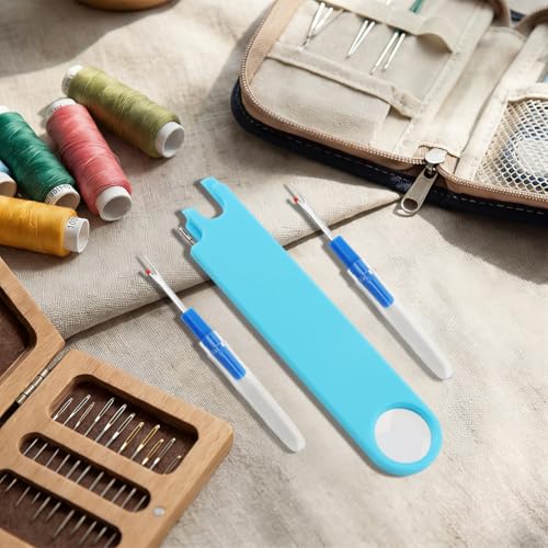 Sewing Machine Needle Threader with Magnifier, 3 in 1 Quick Threading Tool with Magnetic Mount & Integrated Ruler, Anti-Prick Stitch Insertion Kit with 2 Seam Rippers for Quilting