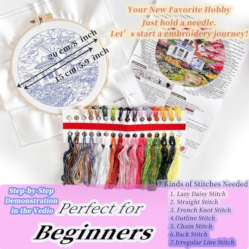 FONNUY Embroidery Kit for Beginners, Boho Nature Landscape Pre-Stamped Pattern Kits for Adults with Hoop, Easy to Follow Color Thread Needlework, 8'' Hoop (Flower House) - color: Flower House