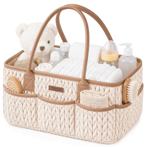 Konssy Baby Diaper Caddy Organizer, Braided Quilted Design with PU Handles - color: Toffee Brown