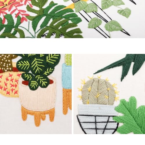 SUQUUB 3 Sets Embroidery Starter Kit with Pattern and Instructions,Cross Stitch Beginner Kits with Frame,3 Plastic Embroidery Hoops,3 Embroidery Clothes and Color Threads (3 X Plant Pattern) - color: 3 X plant pattern