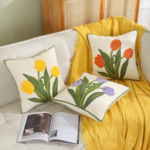 Embroidered Throw Pillow Covers 16x16 Pack of 2 Yellow Tulip - color: Yellow Tulip, size: 16" x 16" (Pack of 2)