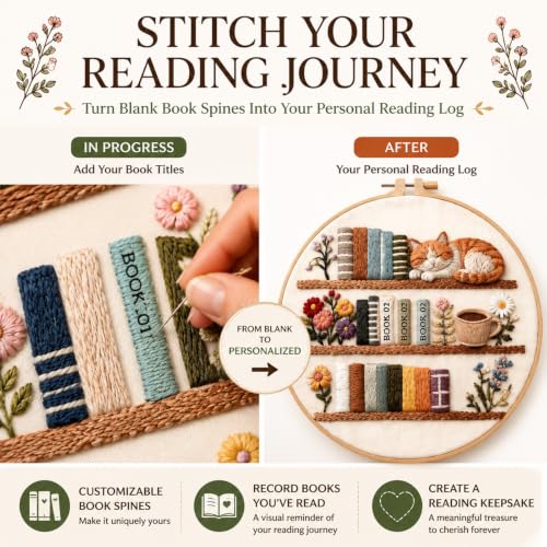 TopHand Reading Tracker 8" Embroidery Kit for Beginners, DIY Bookshelf Stamped Cross Stitch Kit with Blank Spines to Customize, Hand-Stitched Bookish Decor, Floral Threads (Flowers + Books + Cats)