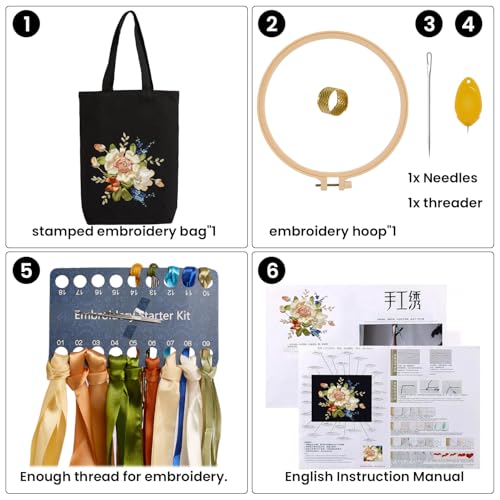 CREAWONDER Canvas Tote Bag Embroidery Kit with Pattern for Beginners, Arts and DIY Embroidery Crafts Kits for Adults, Include Instructions, Embroidery Hoops, Color Threads and Tool - color: Cr002 Xiaoqingxin06 Black