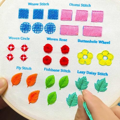 BREENHILL Embroidery Kit for Beginners, 5 Sets with Practice Kit, White Fabric, Tutorial Instructions, Art Craft Kit for Adults & Kids