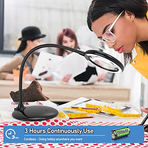 5X Rechargeable Magnifying Glass with Light and Stand, Raweao Dimmable Lighted Magnifying Lamp Glass for Reading, Close Work, Hobbies, Crafts
