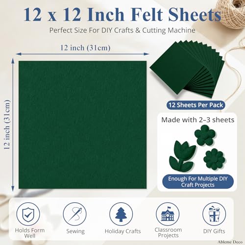 12"x12" Felt Sheets for Crafts, 2mm Stiff Felt Fabric 12 Pcs, Hunter Green - color: Hunter Green