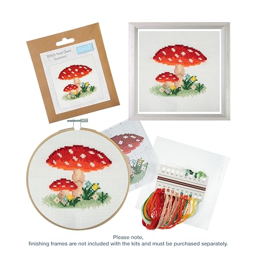 Trimits 3PK Cross Stitch Bundle – Counted Embroidery Kit, Beginner & All Level Starter Set, Complete with Instructions & Thread Children Wall Home DIY Décor – 13x13cm – Toadstool,Strawberries,Poppies - style: Toadstool,Strawberries,Poppies
