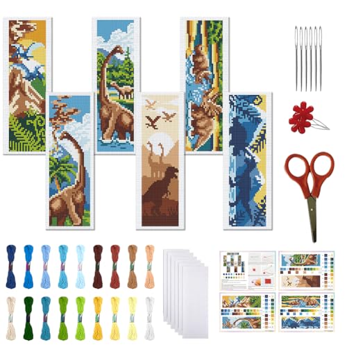 FREEBLOSS 6 Set Cross Stitch Bookmark Kit Dinosaur Scene 8"*2.4" 11CT - style: Dragon Scenery