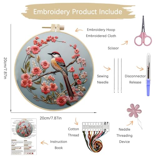 ARTopet Embroidery Kit for Beginners Cross Stitch Kits Needlepoint Set Colorful Bird Patterns Embroidery Thread Kit for Craft Lover Hand Stitch with 7.87in Hoop Threads Fabric-Bird01 - color: Bird01