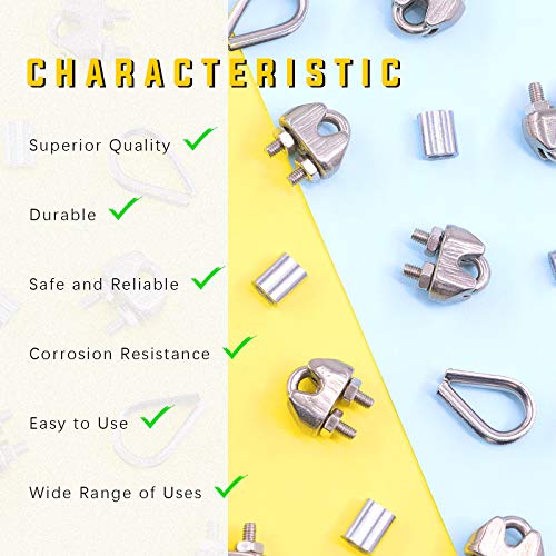 Swpeet 24Pcs M3 (5/16") Wire Rope Accessory Set, Included M3 Wire Rope Cable Clip Clamp, M3 Stainless Steel Thimble, 3mm Aluminum Crimping Loop Sleeve Perfect for 1/8 inch Wire Rope Cable (M3) - size: M3