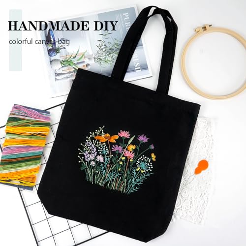 Canvas Tote Bag Embroidery Kit with Pattern, Beginner Embroidery Kits for Adults, Arts and DIY Crafts Embroidery Starter kit, Include Stamped Embroidery Bag, Embroidery Hoops, Color Threads and Tool. - color: Black With Floral