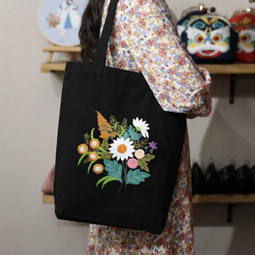 KABAKE Canvas Tote Bag Embroidery Kit, Embroidery Kits for Beginners, Arts and DIY Crafts Embroidery Starter kit, Include Stamped Embroidery Bag, Threads, Embroidery Tools (Black Bag with Floral) - color: Black Bag with Floral