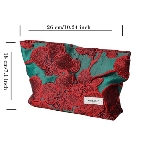 RANIT Retro Red Jacquard Cosmetic Bag - Durable Canvas Luxury Handheld Travel Toiletry Storage Bag Large - color: Red, size: Large