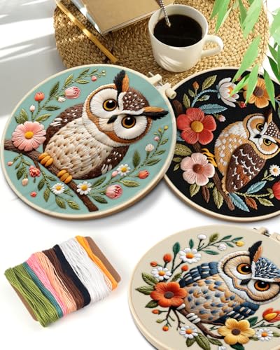 TINDTOP 5 Pack Embroidery Kit for Adult, Embroidery DIY Starter Kit, with Stamped Patterns, Hoop, Tools, Colorful Threads with Needles, Instructions - color: Owl