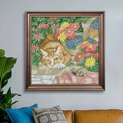 Cats Stamped Cross stitch, 11CT Printed Cross Stitch Kits , Holiday Gift DIY Needlepoint Kits, Easy Patterns Embroidery for Adults Arts and Crafts Home Decor—Cat and snail(11CT) 18.50 ×18.50 inch - color: Cat and snail(11CT) 18.50 ×18.50 inch