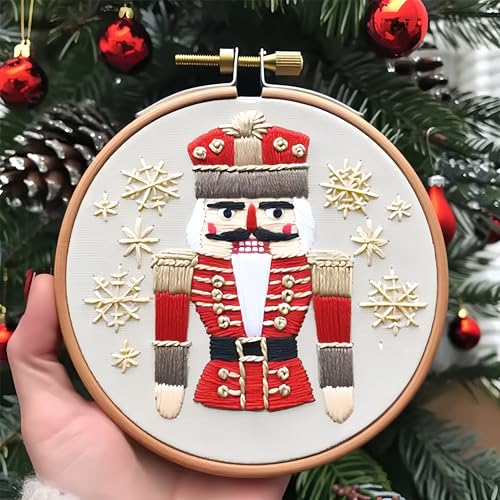 Christmas Embroidery Kit DIY Hand Embroidery Starter Cross Stitch Kits, Christmas Ornaments Embroidery with Stamped Pattern,Cotton,Threads,Needles,Instructions for Adults Beginners (Nutcracker) - color: Nutcracker
