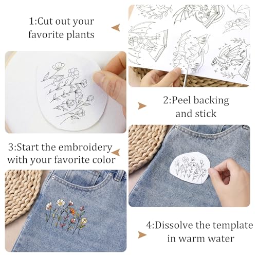 Flower Water Soluble Embroidery Patterns, 4 Sheets Stick and Stitch Embroidery Papers Wash Away, Transfer Paper with Pre-Printed Floral Leaves Designs for Hand Sewing Lovers Beginners DIY Crafts Gifts - size: Flower A