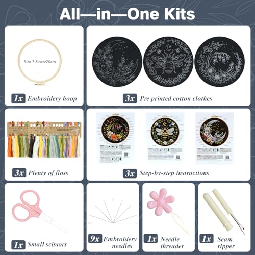 3Pack Embroidery Kits for Beginner Adult, Flower Moon Bee Pattern Hand Kit - color: Flower Bee Moon