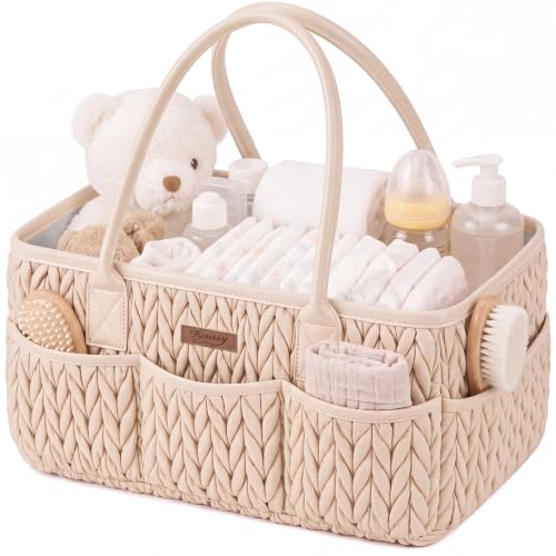 Konssy Baby Diaper Caddy Organizer, Braided Quilted Design with PU Handles - color: Beige