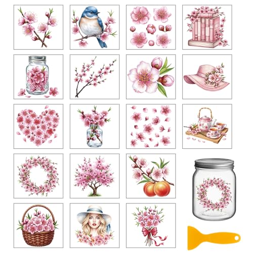 GLOBLELAND 18 Sheets Peach Blossom Flower Transfer Stickers 3.9x3.6inch - style: Peach Blossom