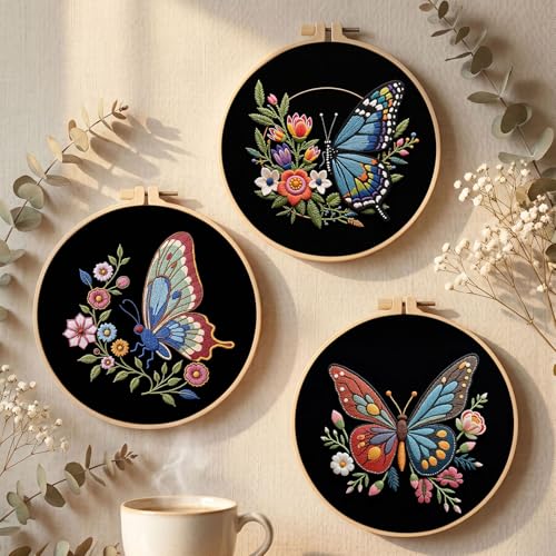 Santune Embroidery Kit Needlepoint Cross Stitch Kits for Beginners Adult Needle Point Sets with Butterfly Embroidery Patterns, Includes Step-By-Step Instructions and Accessories - color: Butterfly & Flower Series