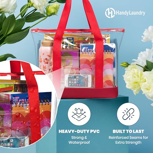 Handy Laundry Clear Tote Bag - Zipper Closure, Long Shoulder Strap, Fabric Trimming. - color: Red