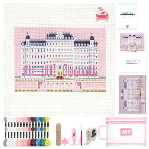 Kaitiaki 18 mesh Needlepoint Canvas Kit, 8 in Painted Canvas Set with Embroidery Floss, Needles, Guide Card, Instruction, Threader, Scissors & Project Bag for Crafter Gift(Budapest) - color: Budapest, size: 18 mesh