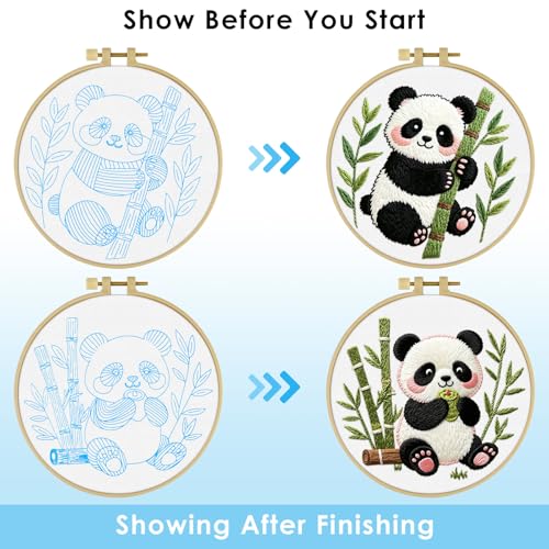 ERKOON Embroidery Kit for Beginners, 2 Set Flower Cross Stitch Set Include Embroidery Cloth Hoops Threads for Craft Lover Hand Stitch with Embroidery Skill Techniques (Panda) - color: Panda